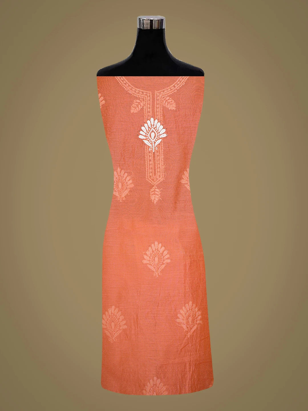 Ada Hand Embroidered Orange Chanderi Lucknowi Chikankari Unstitched Kurta Piece With Mukaish Work 01A535135
