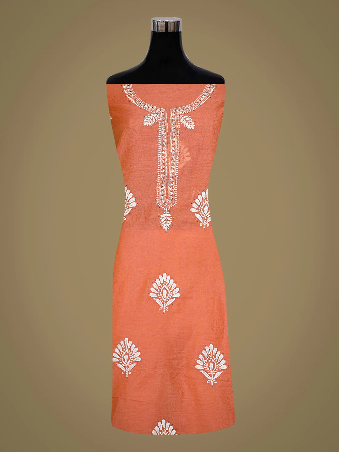 Ada Hand Embroidered Orange Chanderi Lucknowi Chikankari Unstitched Kurta Piece With Mukaish Work 01A535135