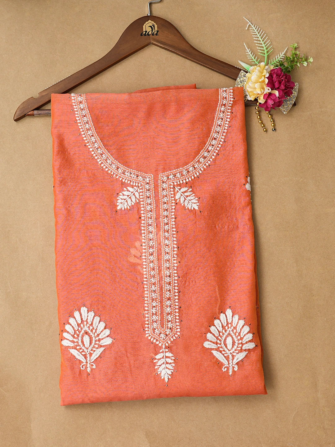 Ada Hand Embroidered Orange Chanderi Lucknowi Chikankari Unstitched Kurta Piece With Mukaish Work 01A535135