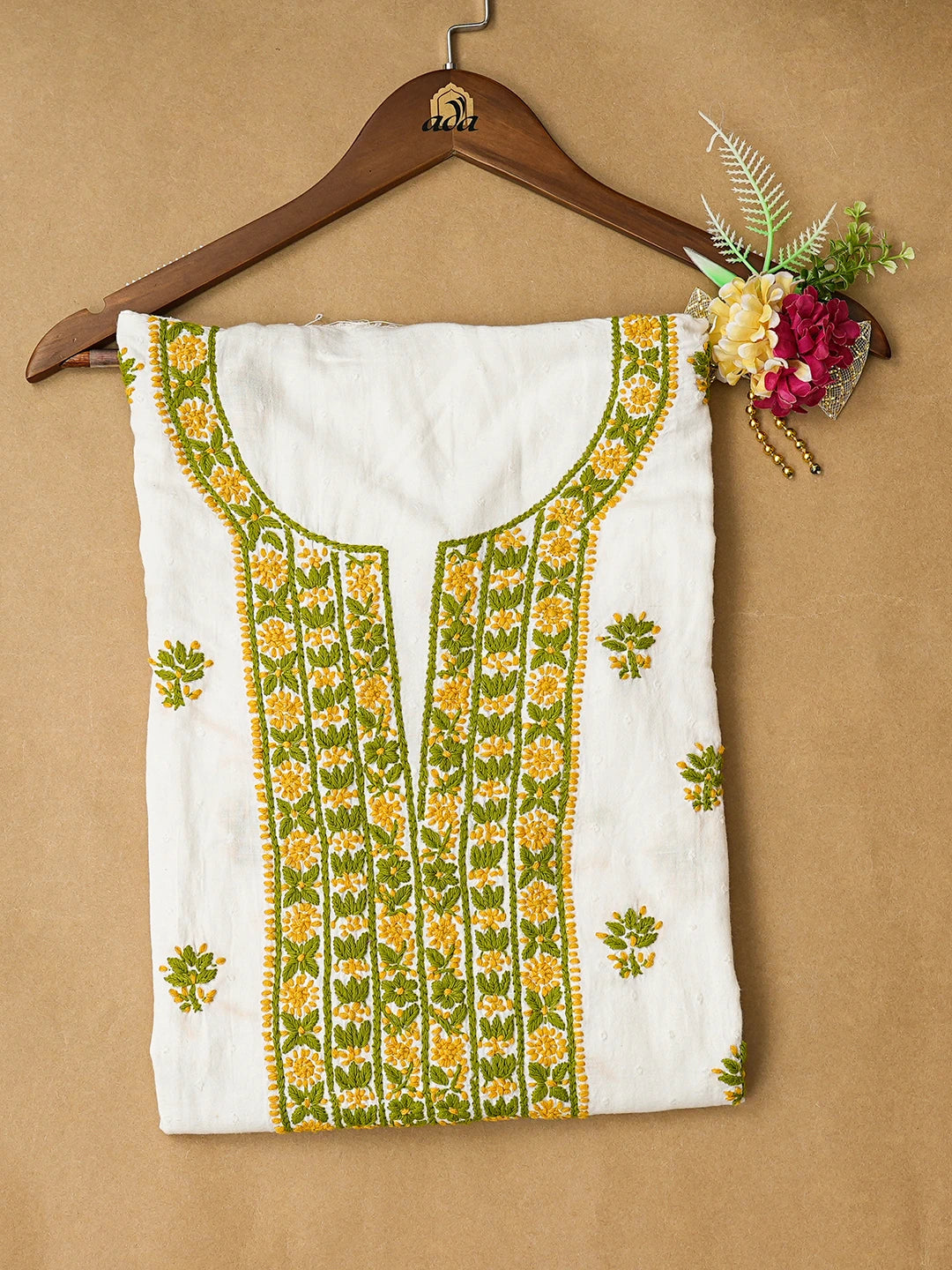 Ada Hand Embroidered White Cotton Lucknowi Chikankari Semi-Stitched Kurta Piece 01A185059