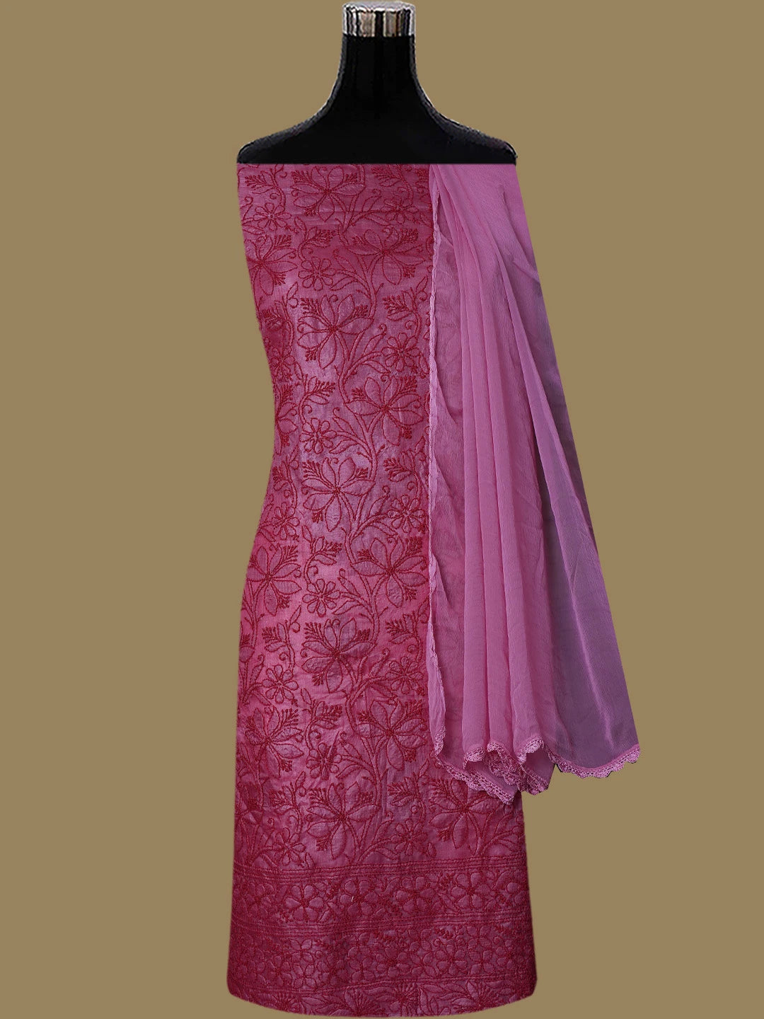 Ada Hand Embroidered Magenta Tussar Silk Lucknowi Chikankari Unstitched Suit Piece 01A798669