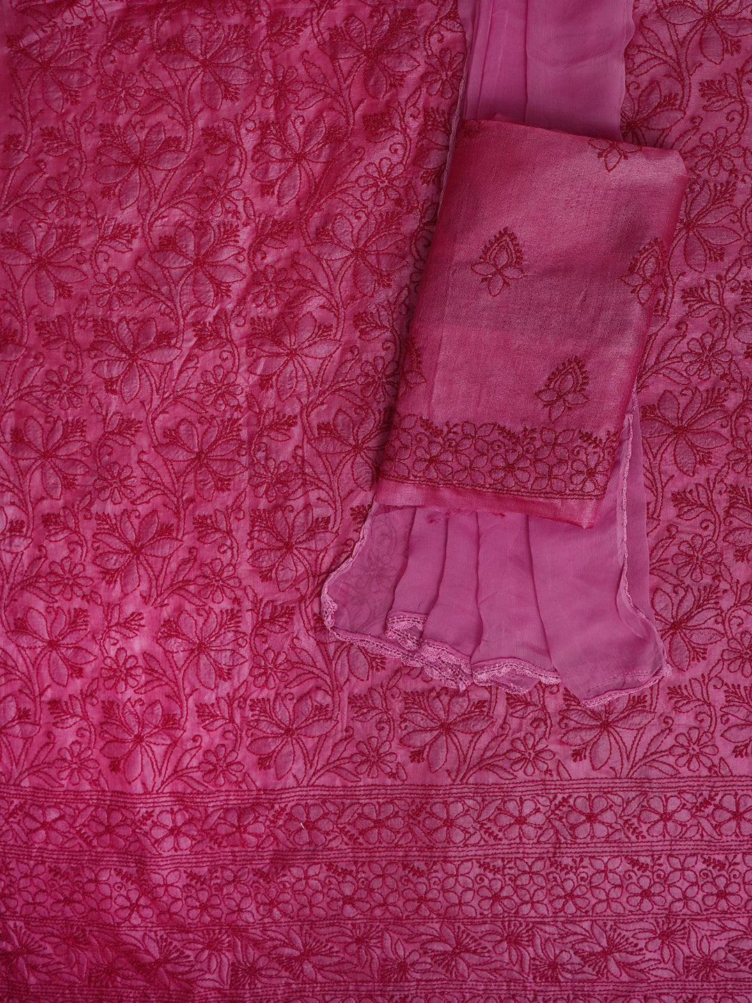 Ada Hand Embroidered Magenta Tussar Silk Lucknowi Chikankari Unstitched Suit Piece 01A798669