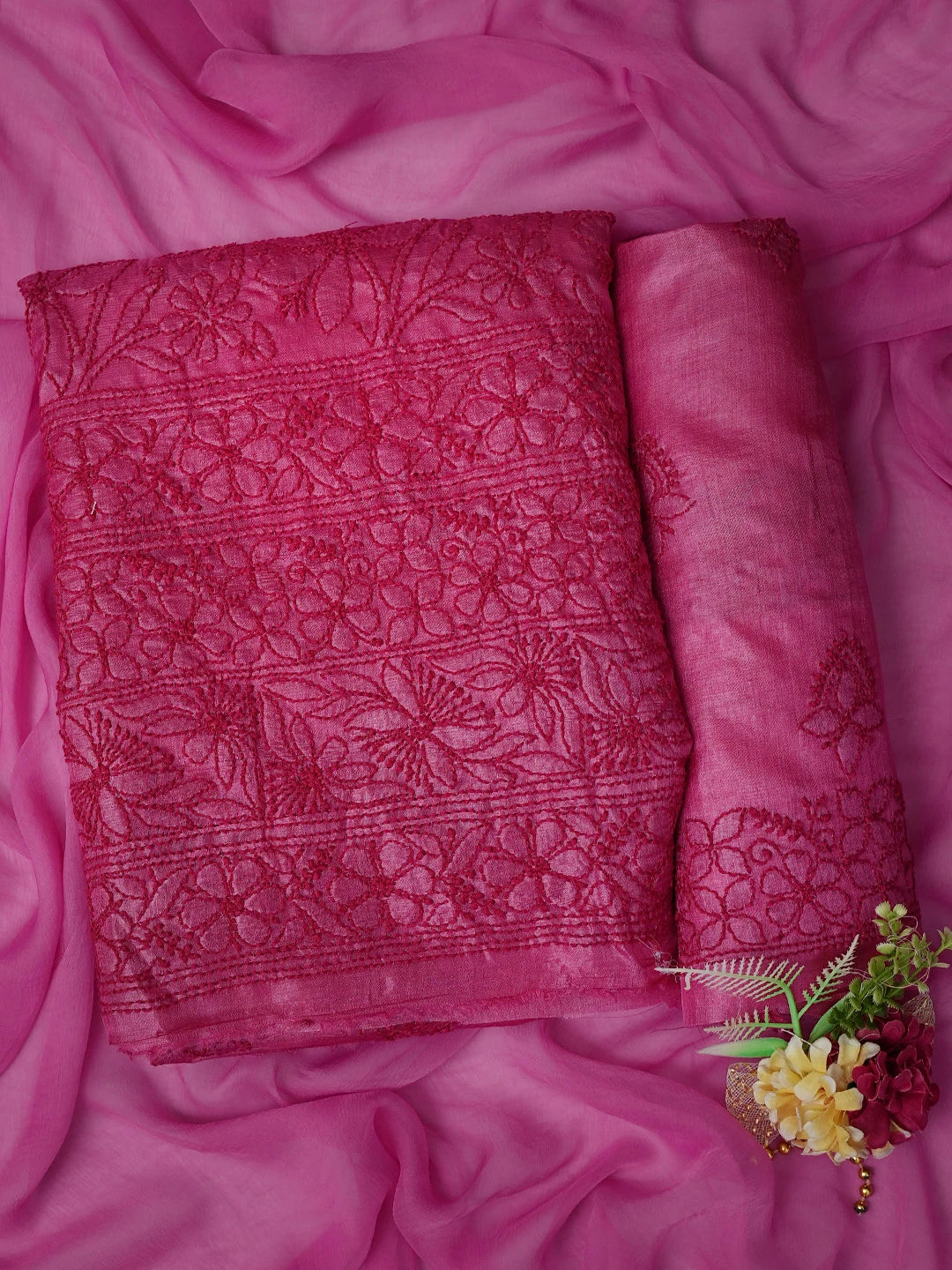 Ada Hand Embroidered Magenta Tussar Silk Lucknowi Chikankari Unstitched Suit Piece 01A798669