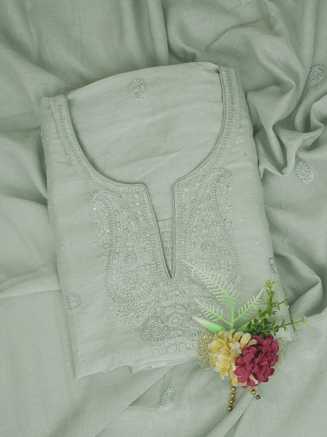 Ada Hand Embroidered Coin Grey Chanderi Lucknowi Chikankari Semi-stitched Kurta Dupatta Set With Cutdana Work 01A720019