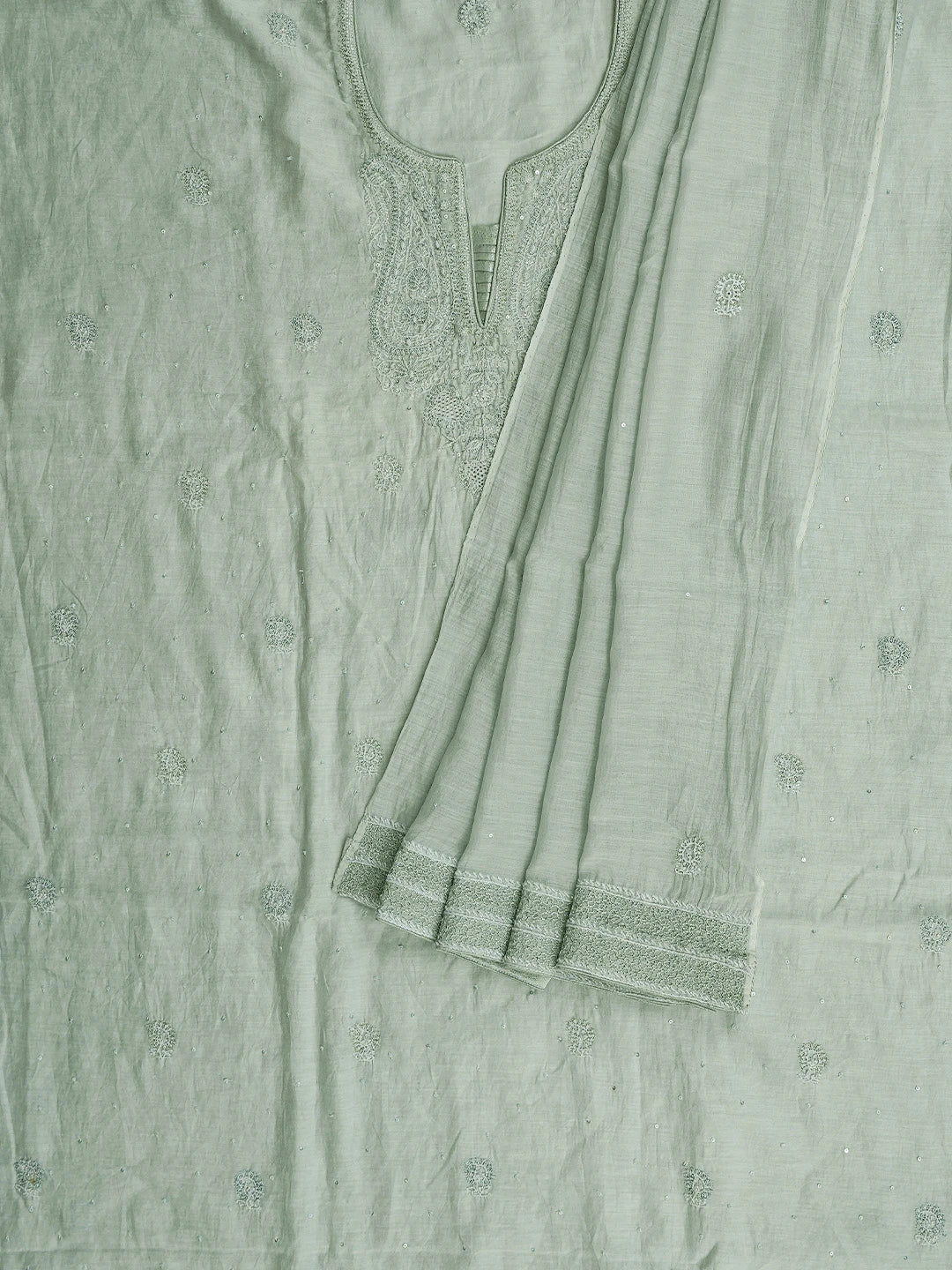 Ada Hand Embroidered Coin Grey Chanderi Lucknowi Chikankari Semi-stitched Kurta Dupatta Set With Cutdana Work 01A720019