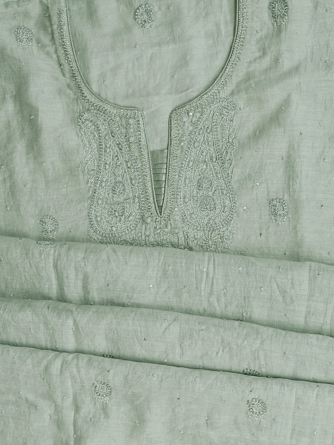 Ada Hand Embroidered Coin Grey Chanderi Lucknowi Chikankari Semi-stitched Kurta Dupatta Set With Cutdana Work 01A720019