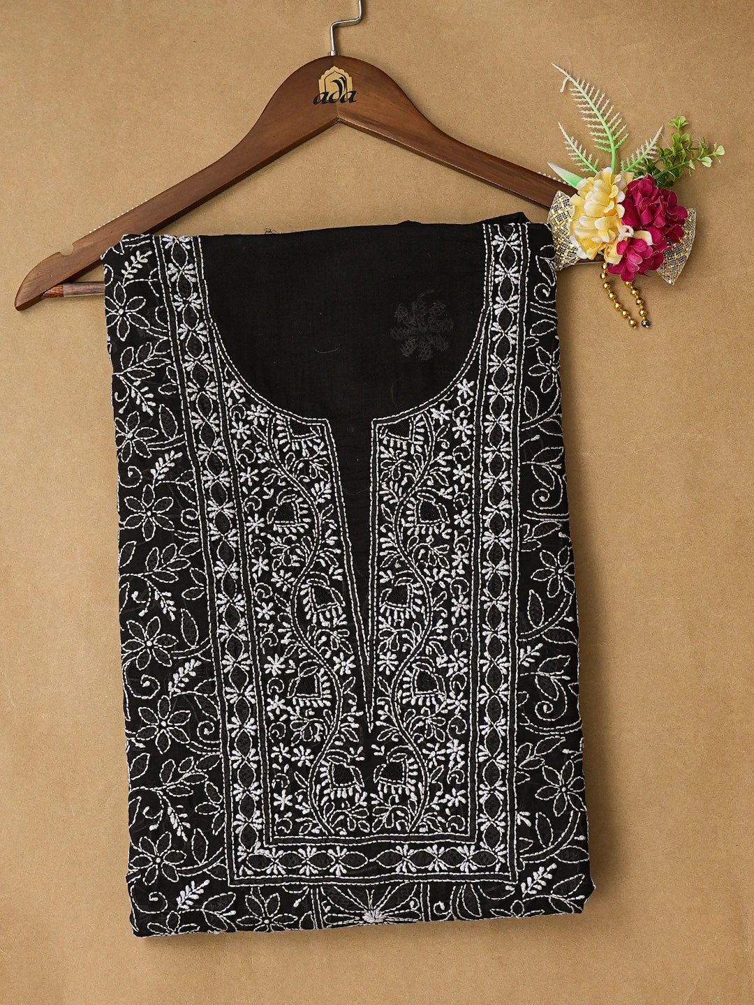 Ada Hand Embroidered Black Cotton Lucknowi Chikankari Unstitched Kurta Piece 01A773050