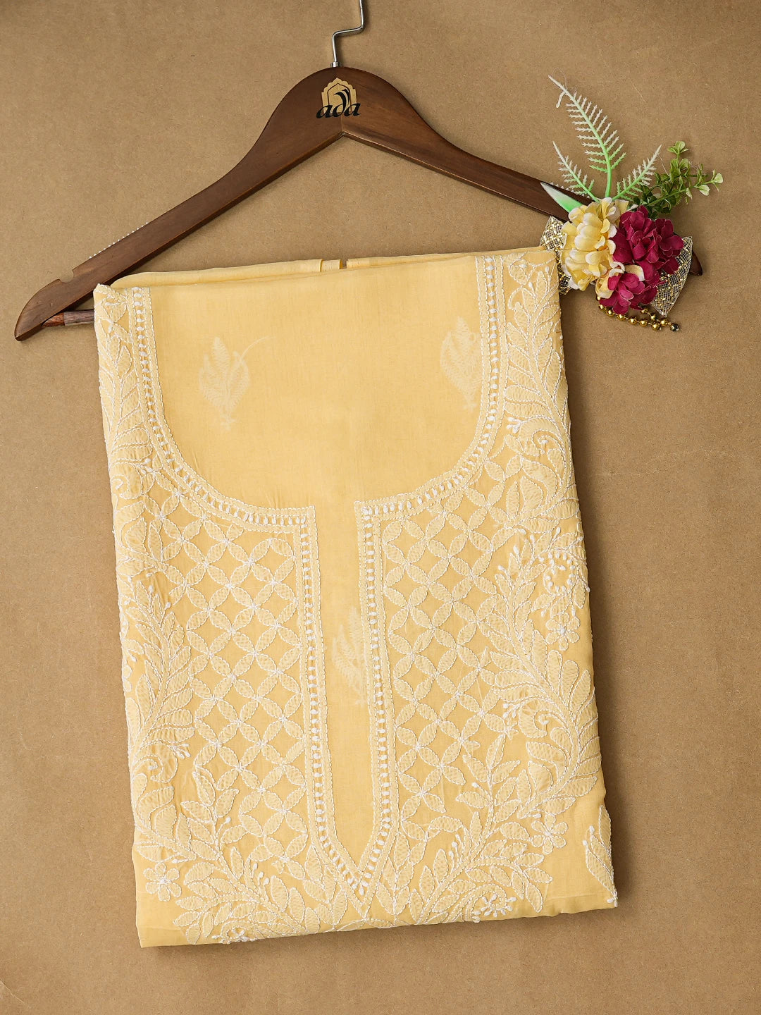 Ada Hand Embroidered Biscuit Yellow Cotton Lucknowi Chikankari Unstitched Kurta Piece 01A810516