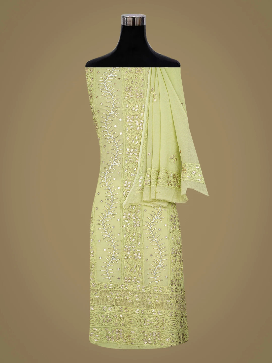 Ada Hand Embroidered Green Viscose Georgette Lucknowi Chikankari Unstitched Kurta Dupatta Set With Pearl Work 01A777561