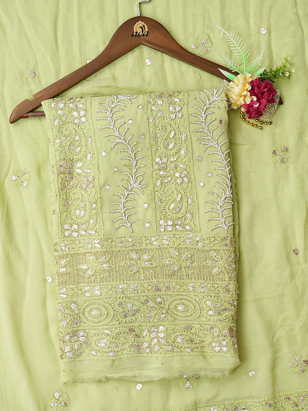 Ada Hand Embroidered Green Viscose Georgette Lucknowi Chikankari Unstitched Kurta Dupatta Set With Pearl Work 01A777561