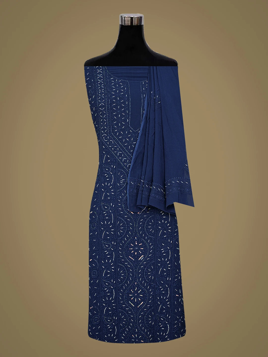 Ada Hand Embroidered Midnight Blue Viscose Georgette Lucknowi Chikankari Unstitched Kurta Dupatta Set With Cutdana Work 01A666204