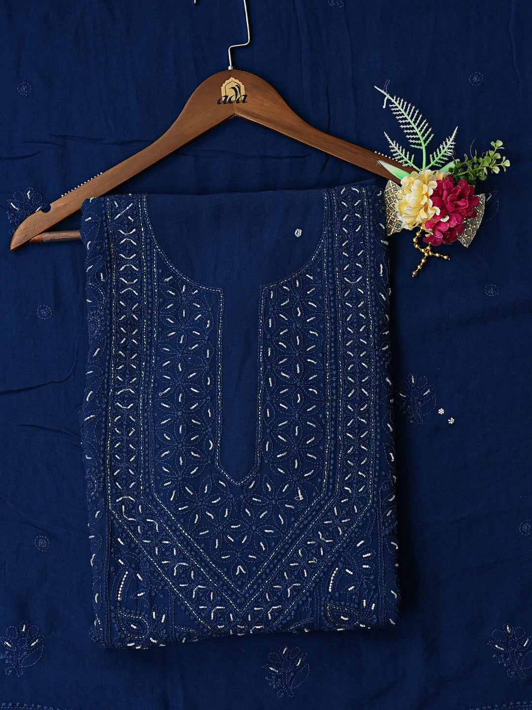 Ada Hand Embroidered Midnight Blue Viscose Georgette Lucknowi Chikankari Unstitched Kurta Dupatta Set With Cutdana Work 01A666204
