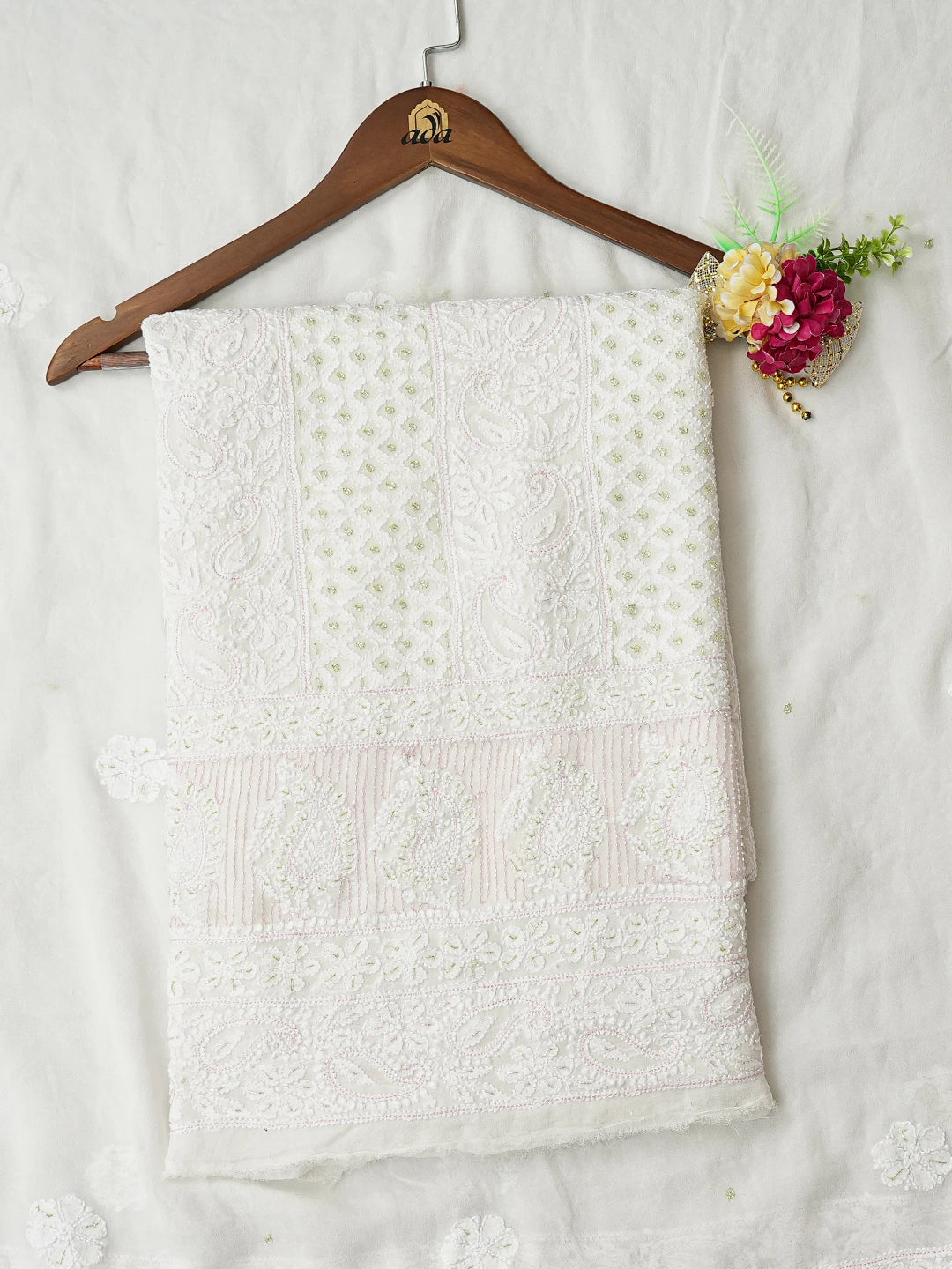 Ada Hand Embroidered White Viscose Georgette Lucknowi Chikankari Unstitched Kurta Dupatta Set With Cutdana Work 01A792112