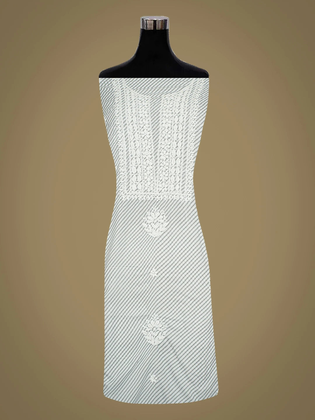 Ada Hand Embroidered Grey and White Lehariya Print Cotton Lucknowi Chikankari Unstitched Kurta Piece 01A799464