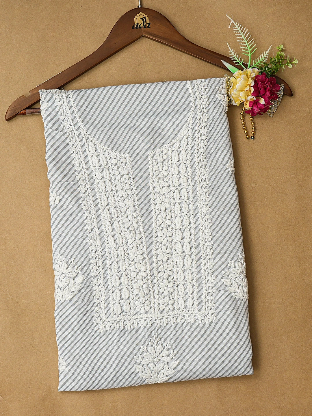 Ada Hand Embroidered Grey and White Lehariya Print Cotton Lucknowi Chikankari Unstitched Kurta Piece 01A799464