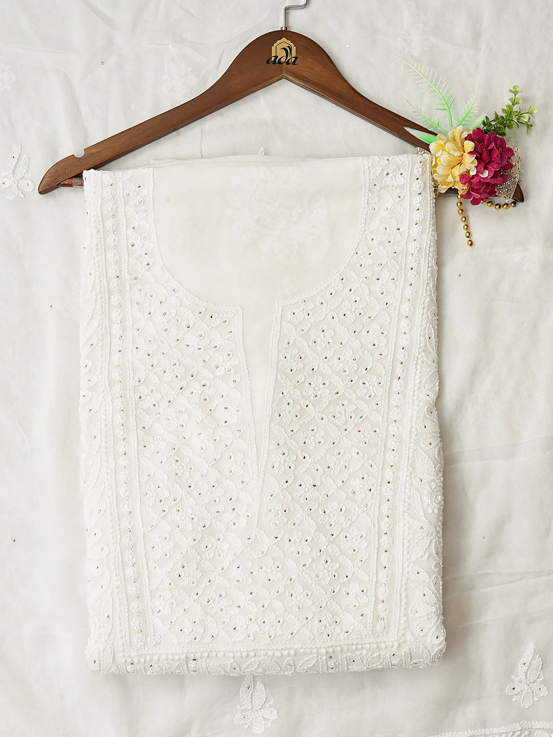 Ada Hand Embroidered White Viscose Georgette Lucknowi Chikankari Unstitched Kurta Dupatta Set With Mukaish Work 01A809545