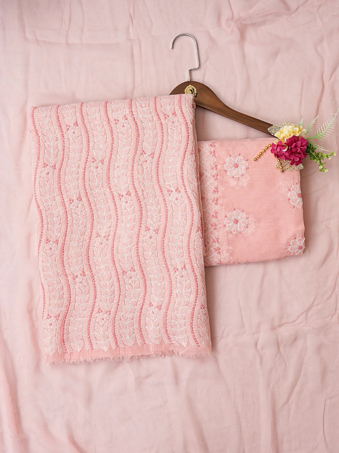 Ada Hand Embroidered Peach Cotton Lucknowi Chikankari Unstitched Suit Piece 01A811024