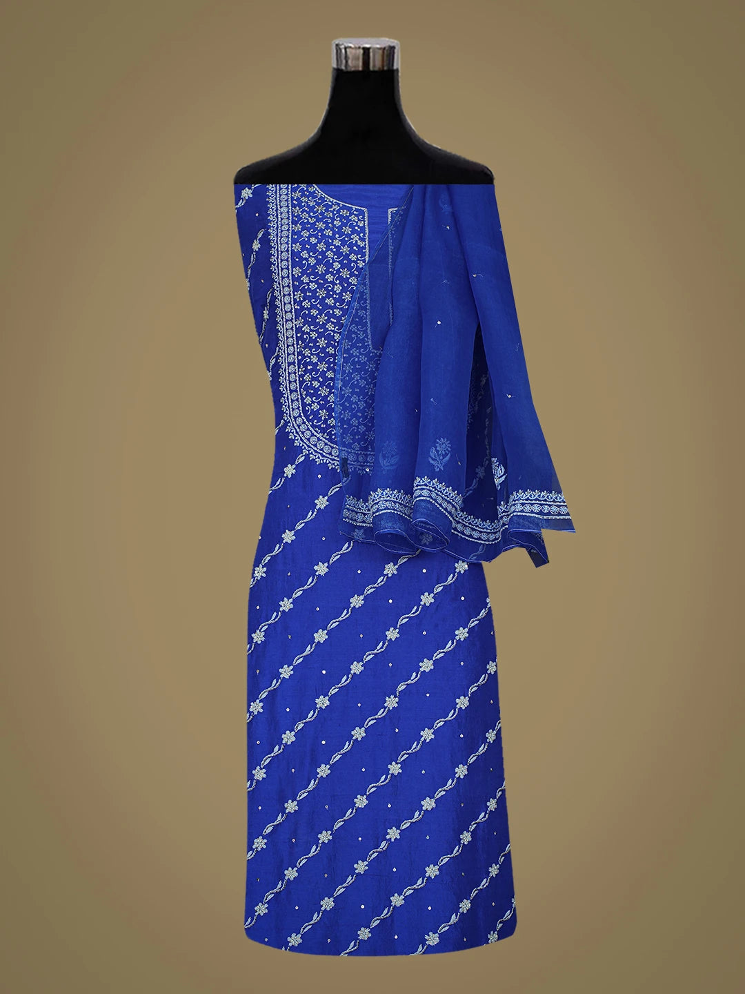 Ada Hand Embroidered Royal Blue Silk Lucknowi Chikankari Unstitched Kurta Dupatta Set With Cutdana Work 01A665238