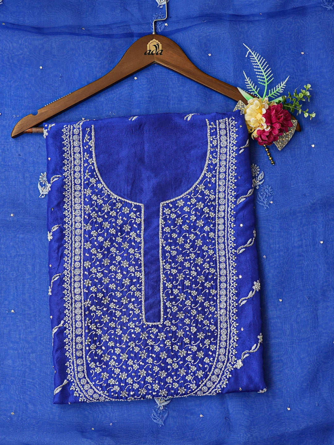 Ada Hand Embroidered Royal Blue Silk Lucknowi Chikankari Unstitched Kurta Dupatta Set With Cutdana Work 01A665238