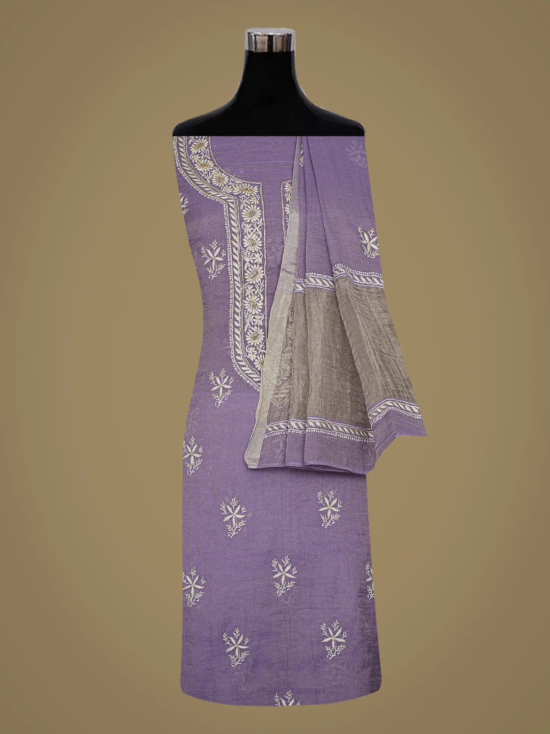 Ada Hand Embroidered Mauve Tissue Lucknowi Chikankari Unstitched Kurta Dupatta Set With Cutdana Work 01A759630
