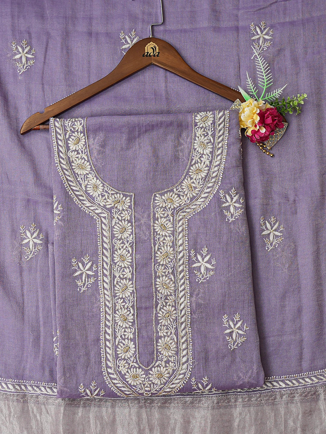 Ada Hand Embroidered Mauve Tissue Lucknowi Chikankari Unstitched Kurta Dupatta Set With Cutdana Work 01A759630