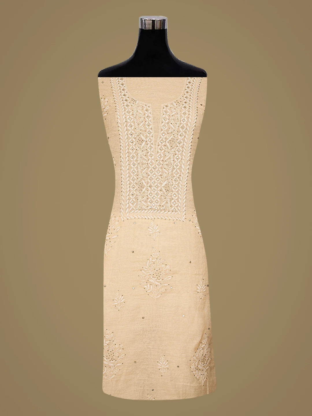 Ada Hand Embroidered Peach Chanderi Lucknowi Chikankari Unstitched Kurta Dupatta Set With Muqaish Work 01A757027