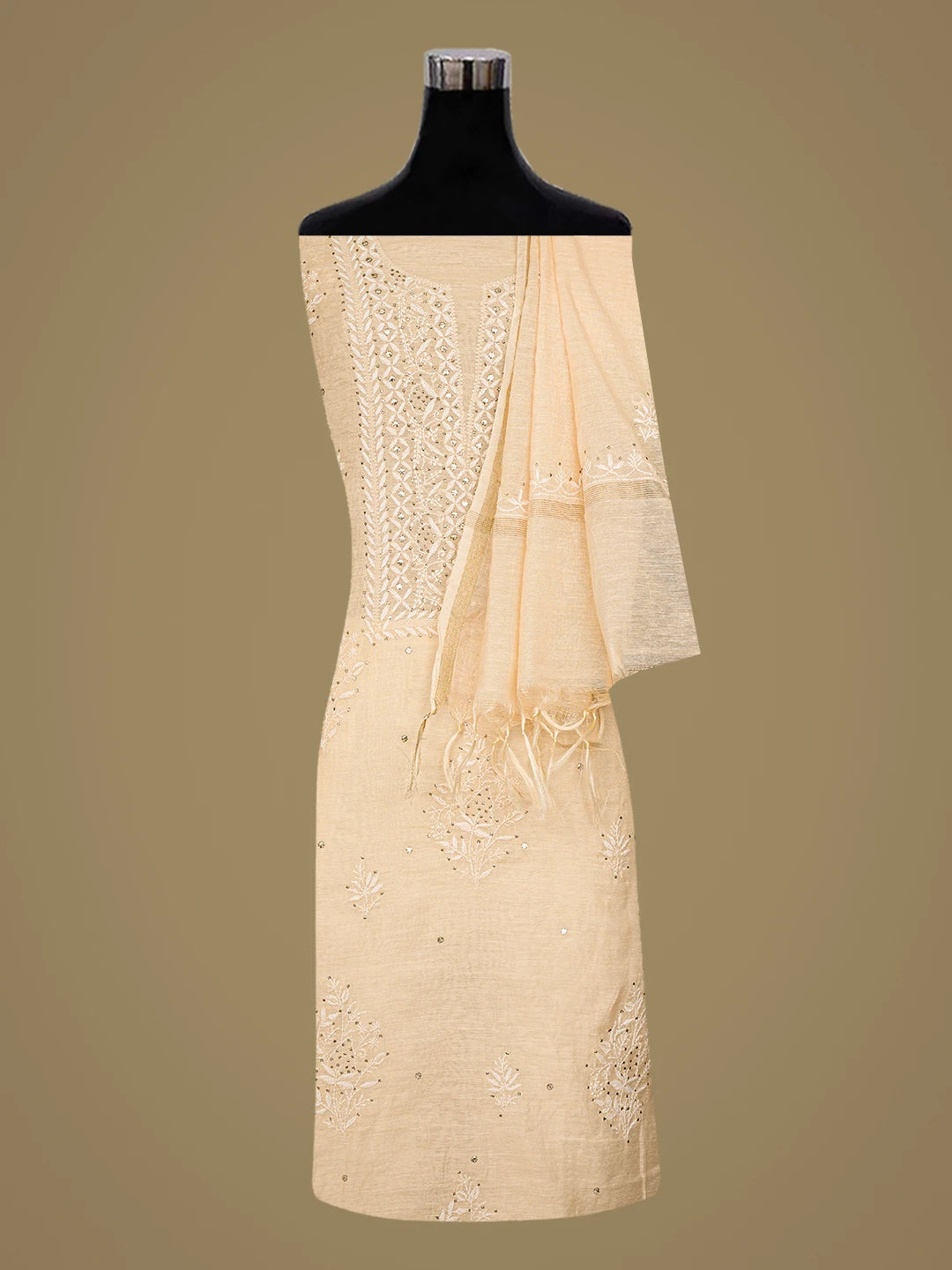 Ada Hand Embroidered Peach Chanderi Lucknowi Chikankari Unstitched Kurta Dupatta Set With Muqaish Work 01A757027