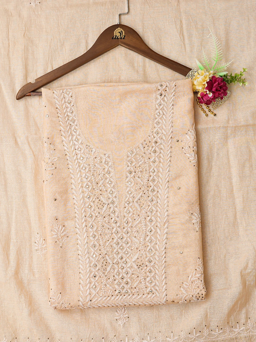 Ada Hand Embroidered Peach Chanderi Lucknowi Chikankari Unstitched Kurta Dupatta Set With Muqaish Work 01A757027
