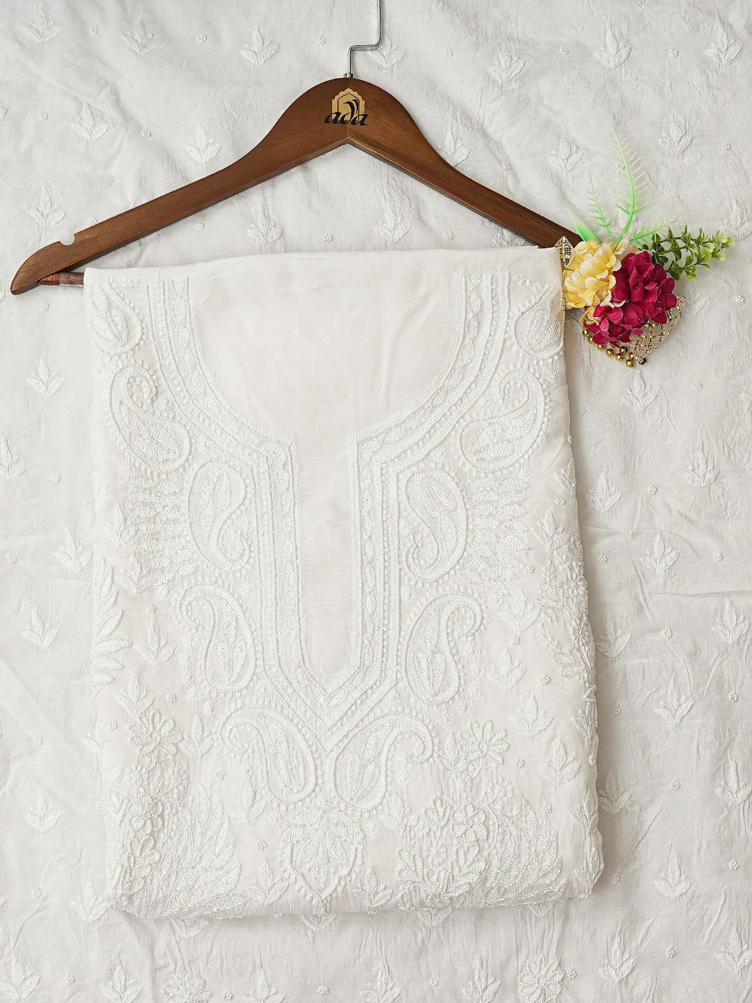 Ada Hand Embroidered White Muslin Lucknowi Chikankari Unstitched Kurta Dupatta Set With Pearl Work 01A791902