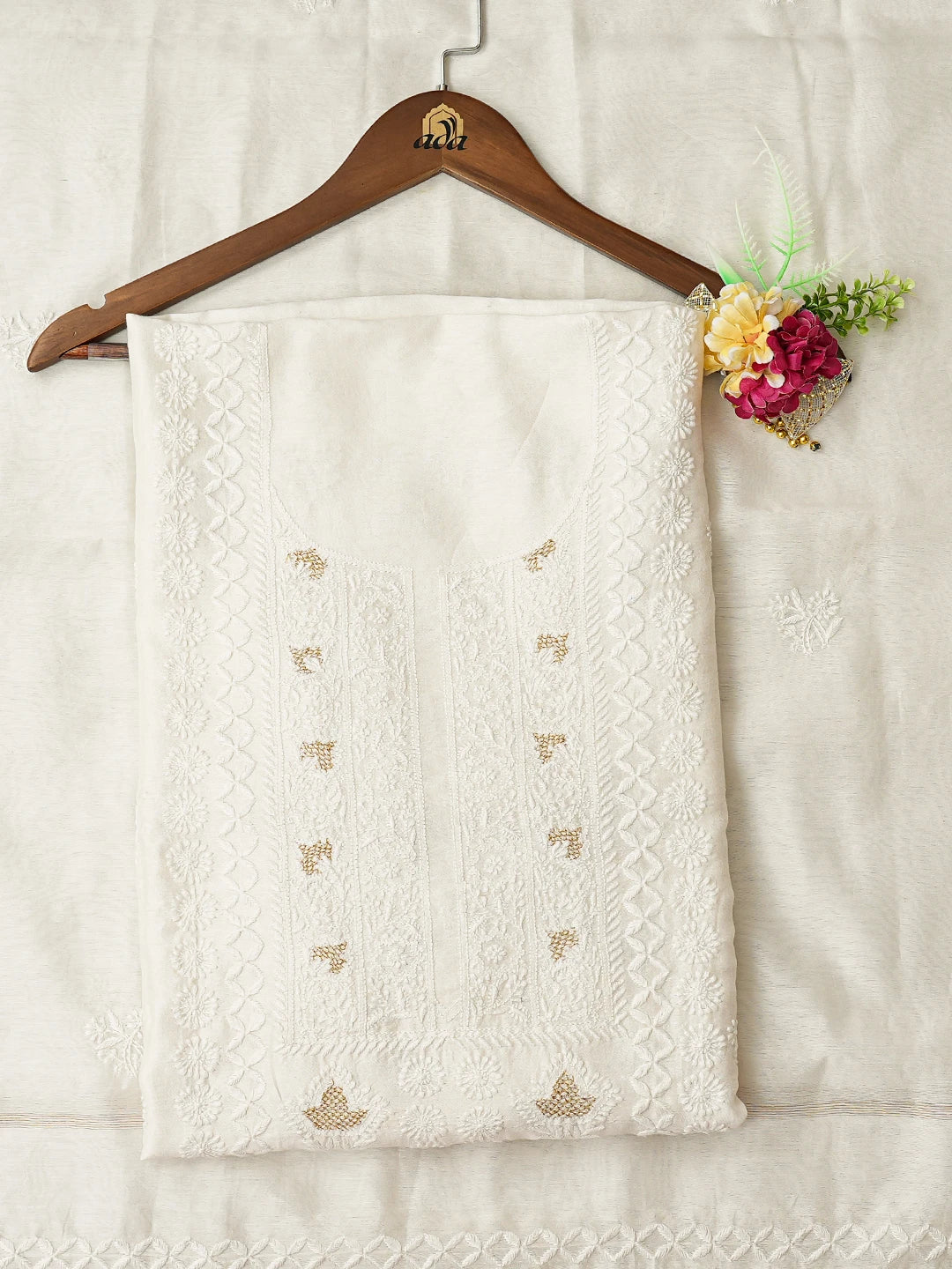 Ada Hand Embroidered White Chanderi Lucknowi Chikankari Unstitched Kurta Dupatta Set With Zari Taar Work 01A747670