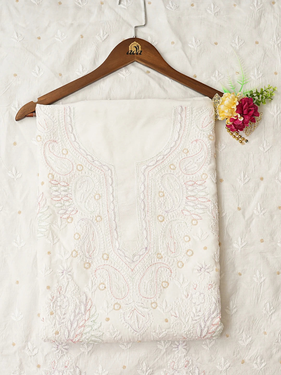 Ada Hand Embroidered White Muslin Lucknowi Chikankari Unstitched Kurta Dupatta Set With Cutdana Work 01A791905
