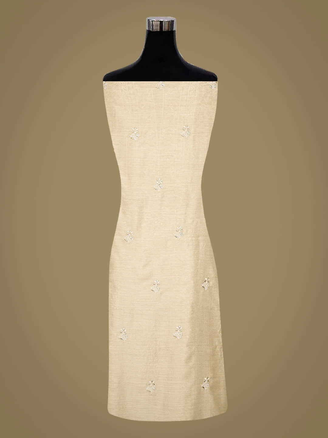 Ada Hand Embroidered Fawn Moonga Silk Lucknowi Chikankari Unstitched Kurta Dupatta Set With Mukaish Work 01A786819