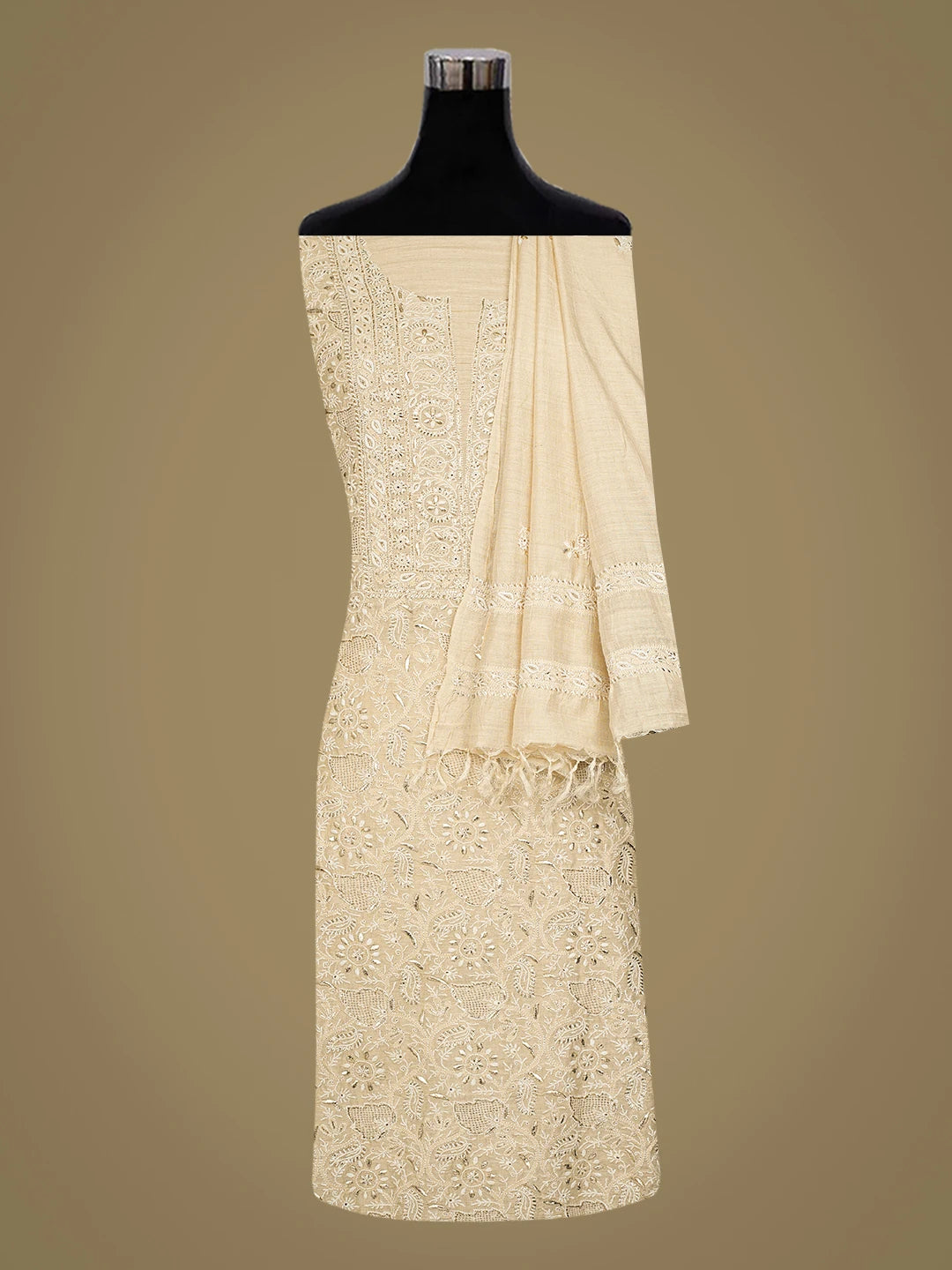 Ada Hand Embroidered Fawn Moonga Silk Lucknowi Chikankari Unstitched Kurta Dupatta Set With Mukaish Work 01A786819