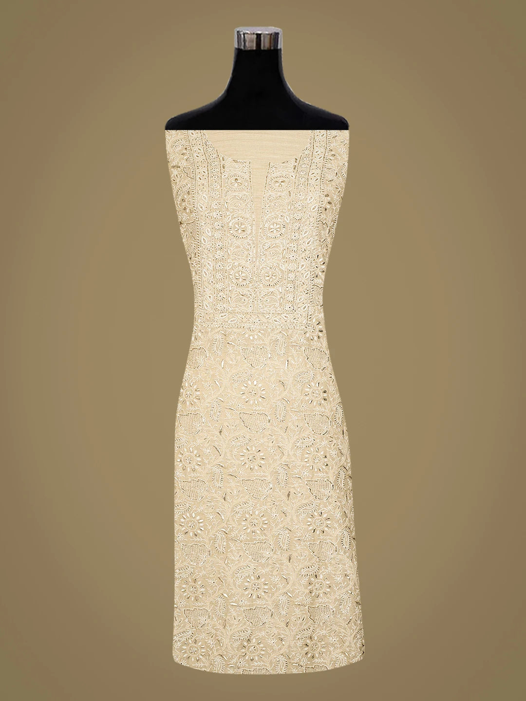 Ada Hand Embroidered Fawn Moonga Silk Lucknowi Chikankari Unstitched Kurta Dupatta Set With Mukaish Work 01A786819