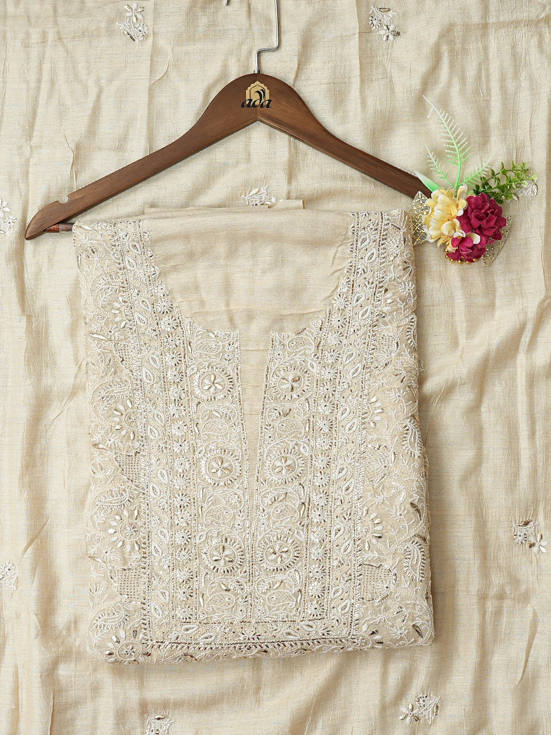 Ada Hand Embroidered Fawn Moonga Silk Lucknowi Chikankari Unstitched Kurta Dupatta Set With Mukaish Work 01A786819