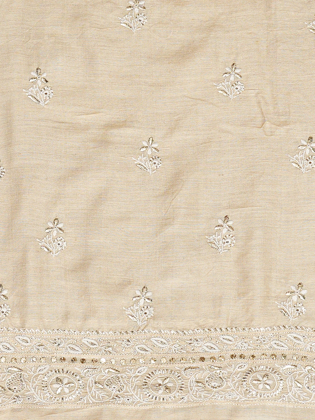 Ada Hand Embroidered Fawn Moonga Silk Lucknowi Chikankari Unstitched Kurta Dupatta Set With Mukaish Work 01A786819