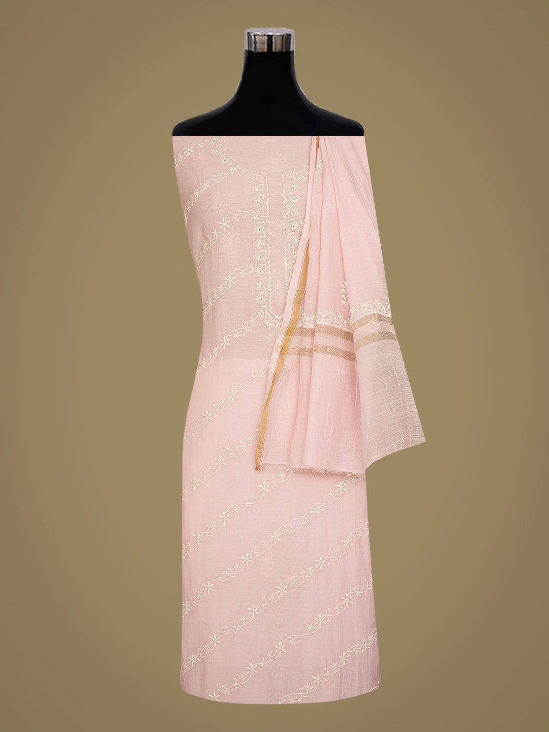 Ada Hand Embroidered Pink Chanderi Lucknowi Chikankari Unstitched Kurta Dupatta Set 01A764176