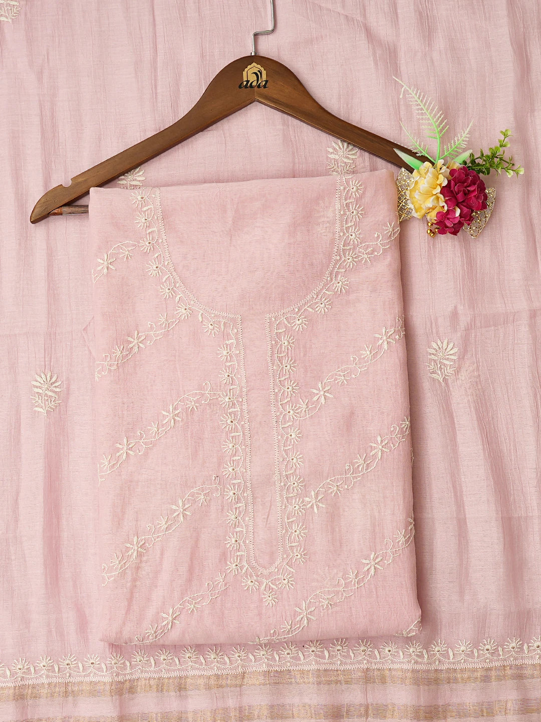 Ada Hand Embroidered Pink Chanderi Lucknowi Chikankari Unstitched Kurta Dupatta Set 01A764176