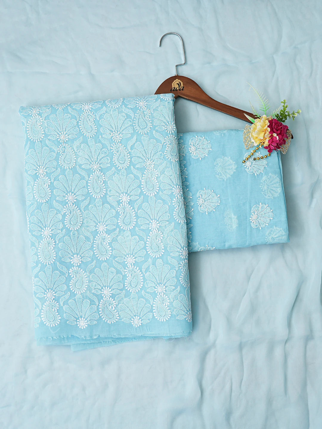 Ada Hand Embroidered Blue Cotton Lucknowi Chikankari Unstitched Suit Piece 01A810988