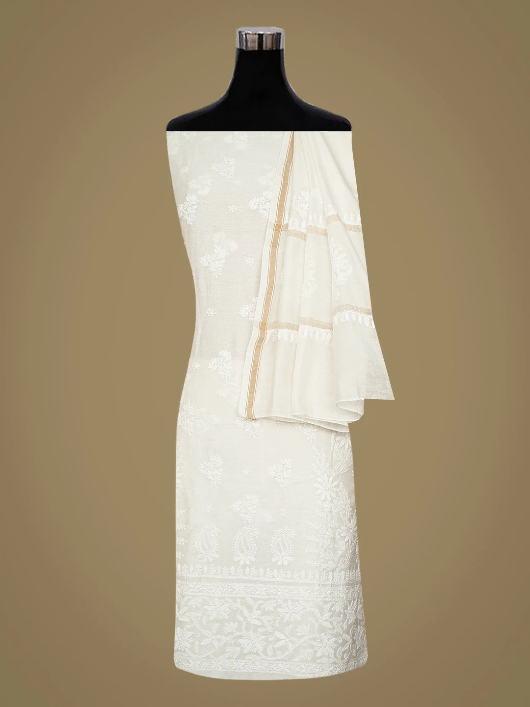 Ada Hand Embroidered White Chanderi Lucknowi Chikankari Unstitched Kurta Dupatta Set 01A726745