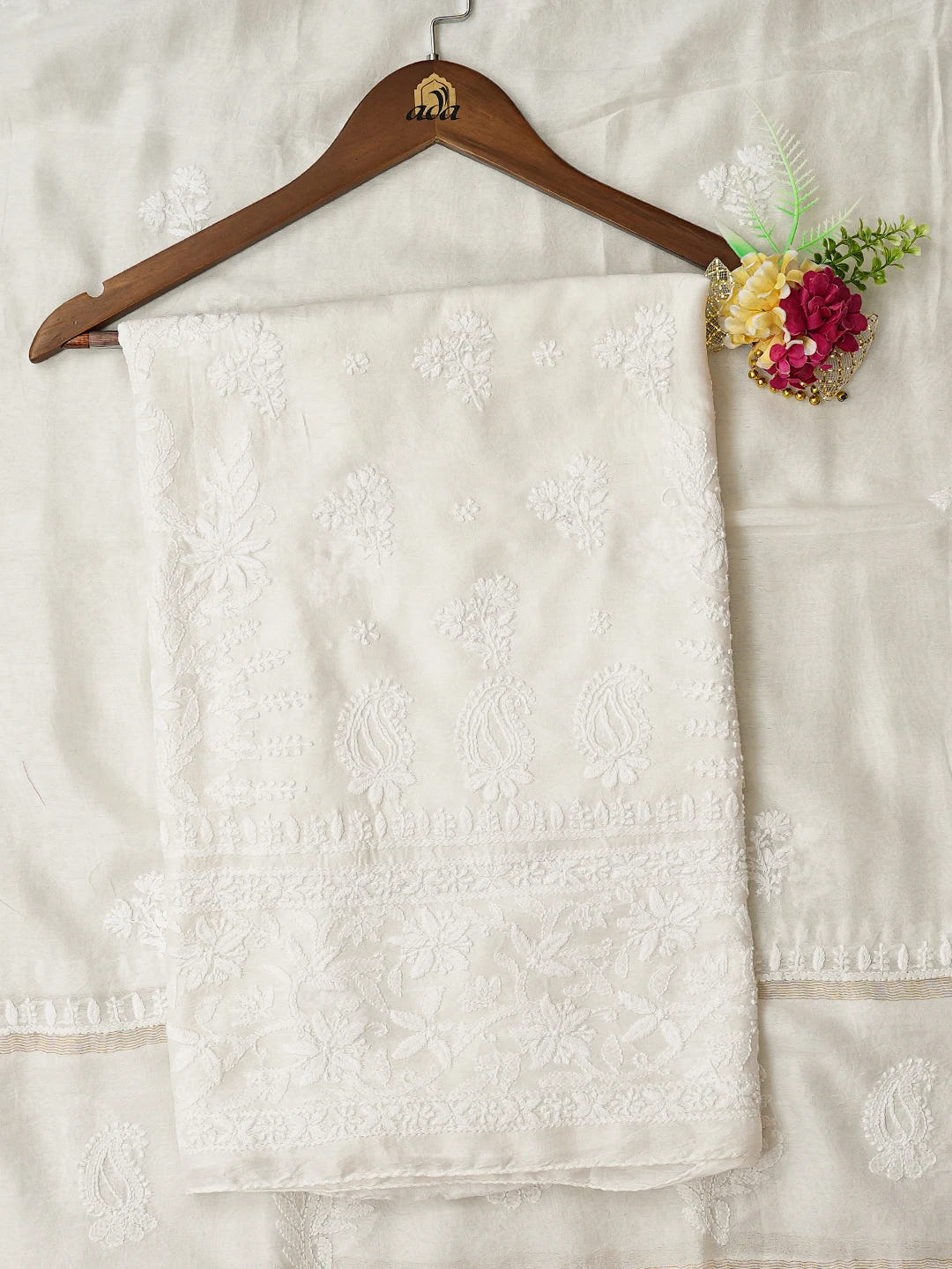 Ada Hand Embroidered White Chanderi Lucknowi Chikankari Unstitched Kurta Dupatta Set 01A726745