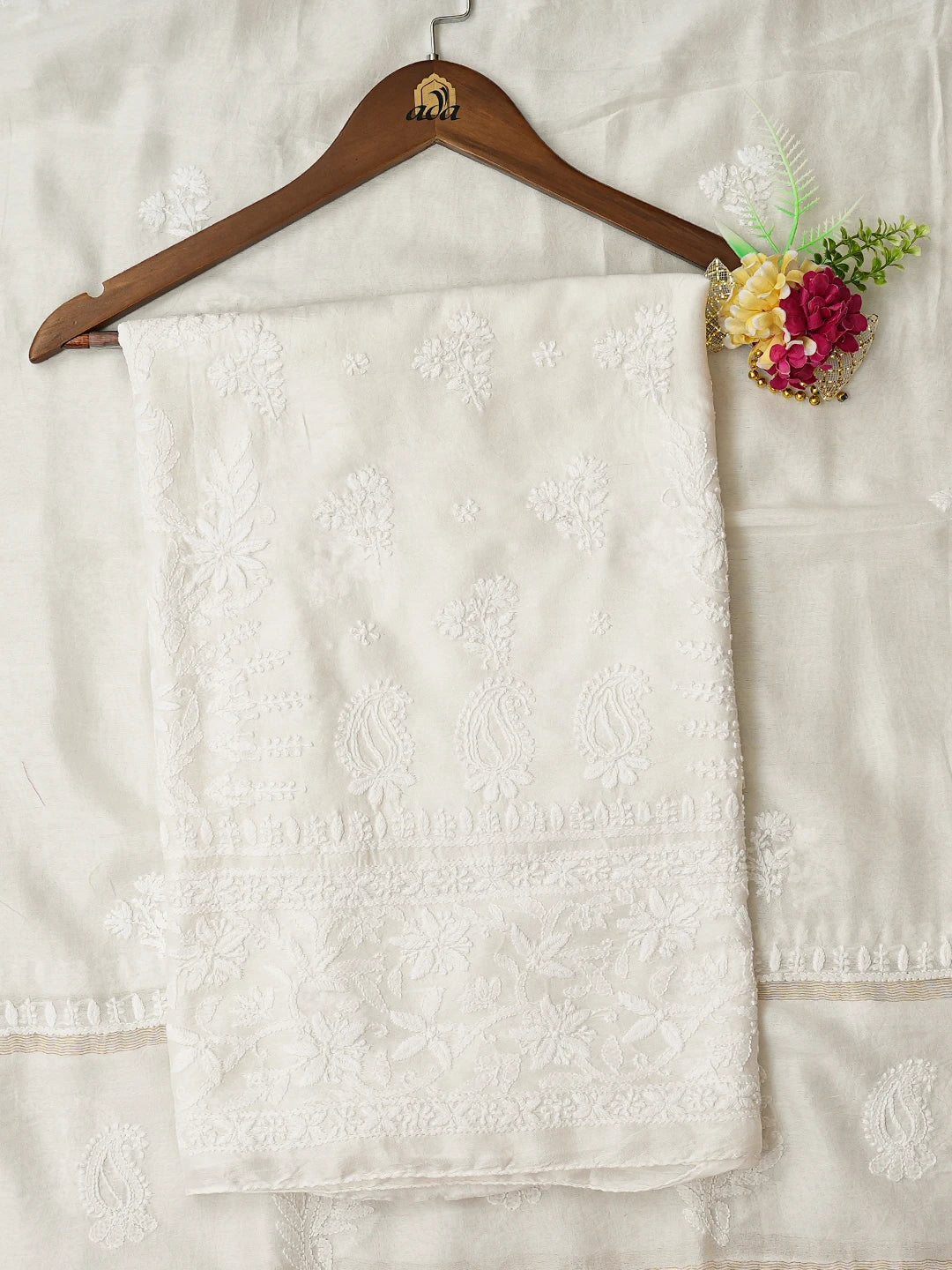 Ada Hand Embroidered White Chanderi Lucknowi Chikankari Unstitched Kurta Dupatta Set 01A726745