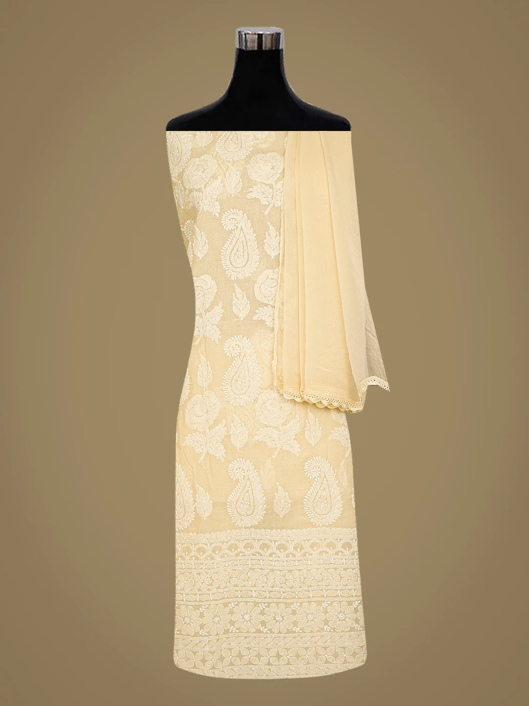 Ada Hand Embroidered Fawn Cotton Lucknowi Chikankari Unstitched Suit Piece 01A811015