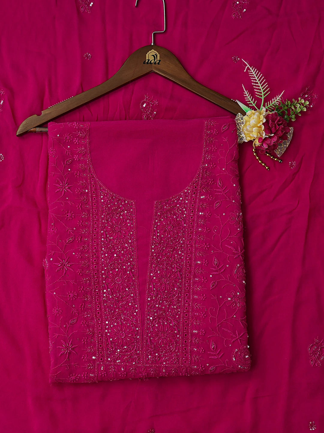 Ada Hand Embroidered Magenta Viscose Georgette Lucknowi Chikankari Unstitched Kurta Dupatta Set With Cutdana Work 01A741677
