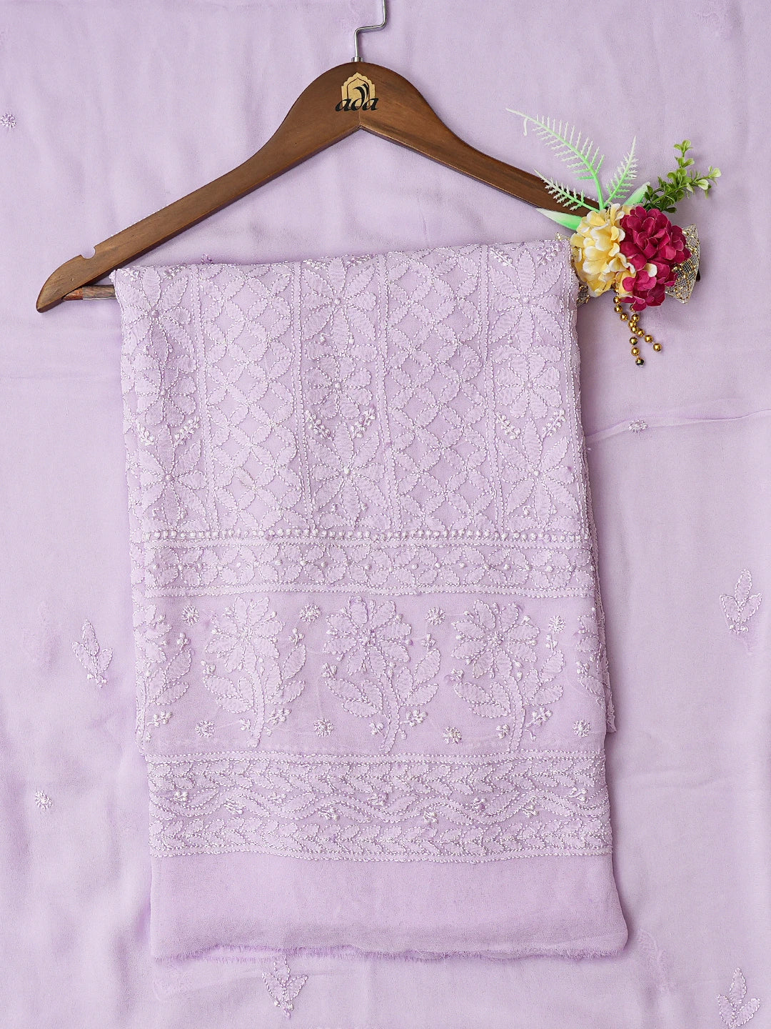 Ada Hand Embroidered Mauve Viscose Georgette Lucknowi Chikankari Unstitched Kurta Dupatta Set 01A747504
