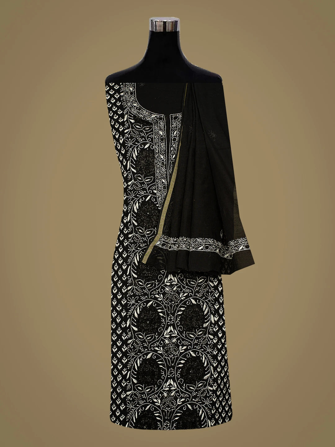 Ada Hand Embroidered Black Kota Chanderi Lucknowi Chikankari Unstitched Kurta Dupatta Set With Cutdana Work 01A737484