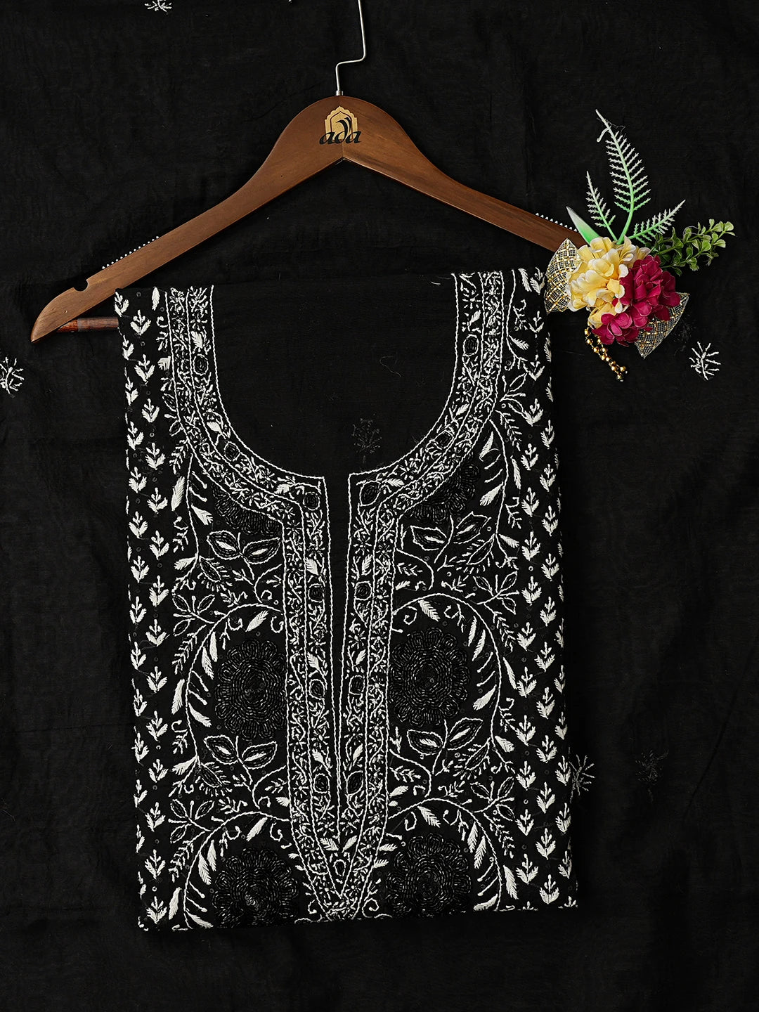 Ada Hand Embroidered Black Kota Chanderi Lucknowi Chikankari Unstitched Kurta Dupatta Set With Cutdana Work 01A737484