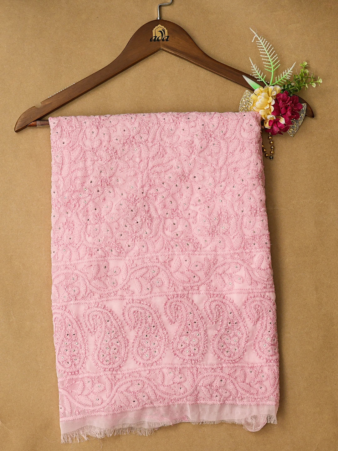 Ada Hand Embroidered Pink Georgette Lucknowi Chikankari Unstitched Kurta Piece With Muqaish Work 01A614063