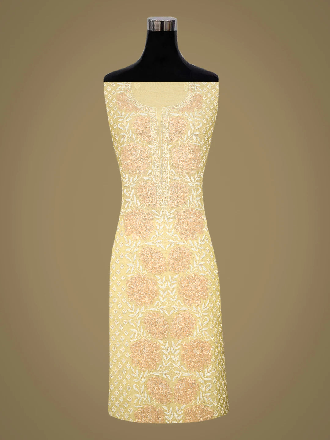 Ada Hand Embroidered Lemon Chanderi Lucknowi Chikankari Unstitched Kurta Dupatta Set With Cutdana Work 01A610896