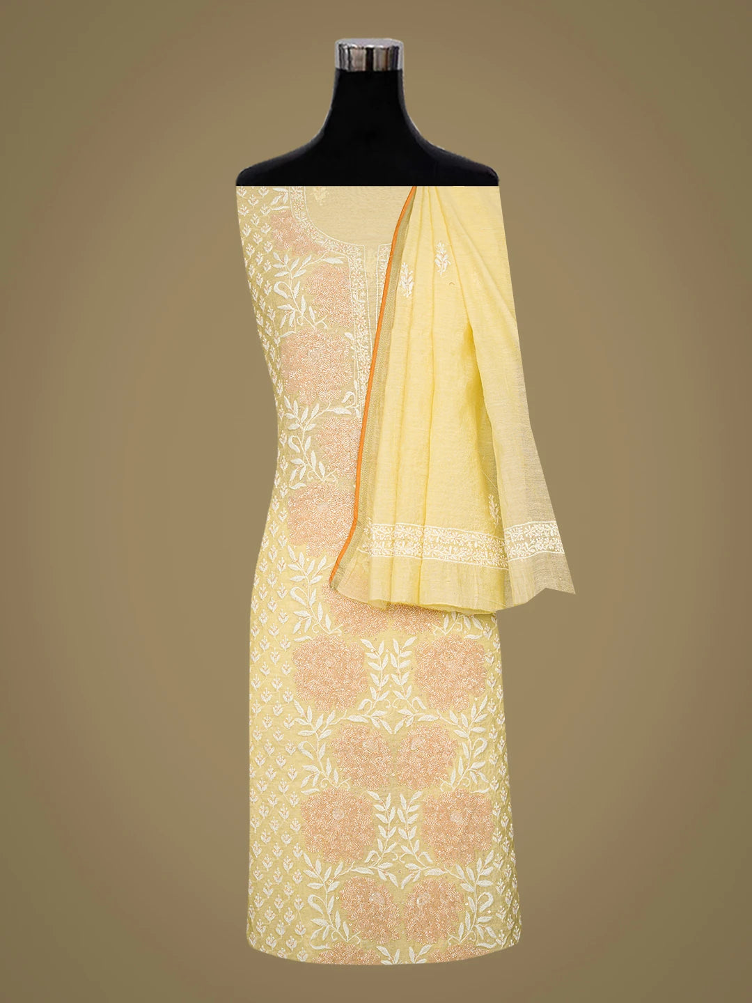 Ada Hand Embroidered Lemon Chanderi Lucknowi Chikankari Unstitched Kurta Dupatta Set With Cutdana Work 01A610896